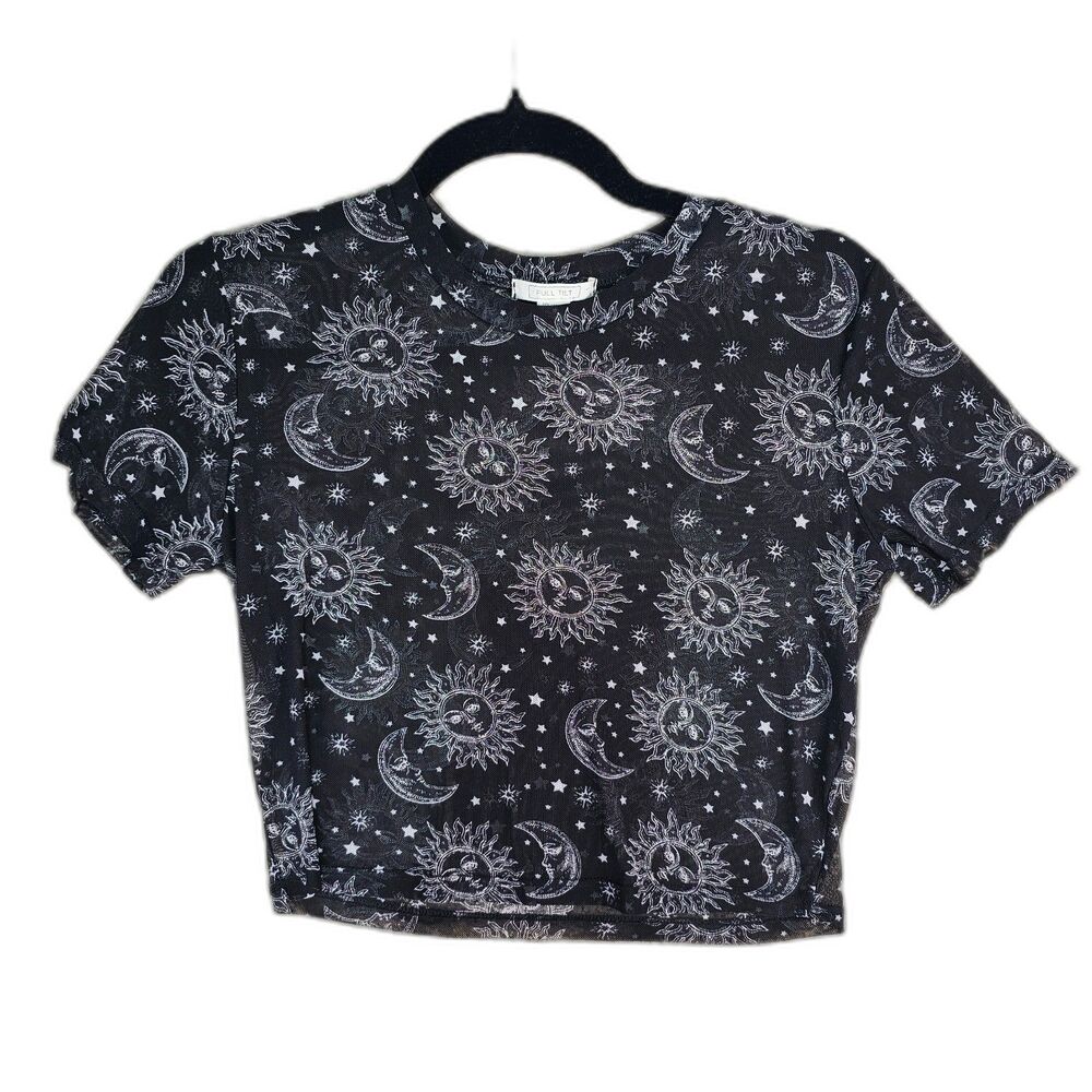 Full Tilt Sheer Mesh Crop Top XS S Black Sun Moon Stars Y2K Grunge